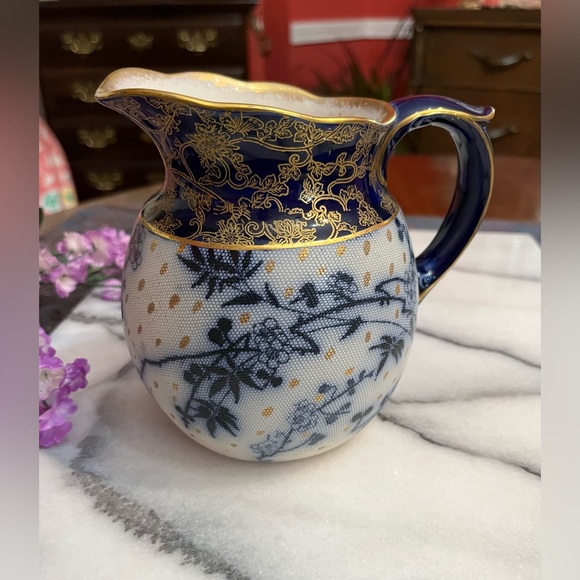 Antique ROYAL DOULTON BURSLEM 6.25” PITCHER England. Cobalt Blue, White & Gold - Picture 3 of 10